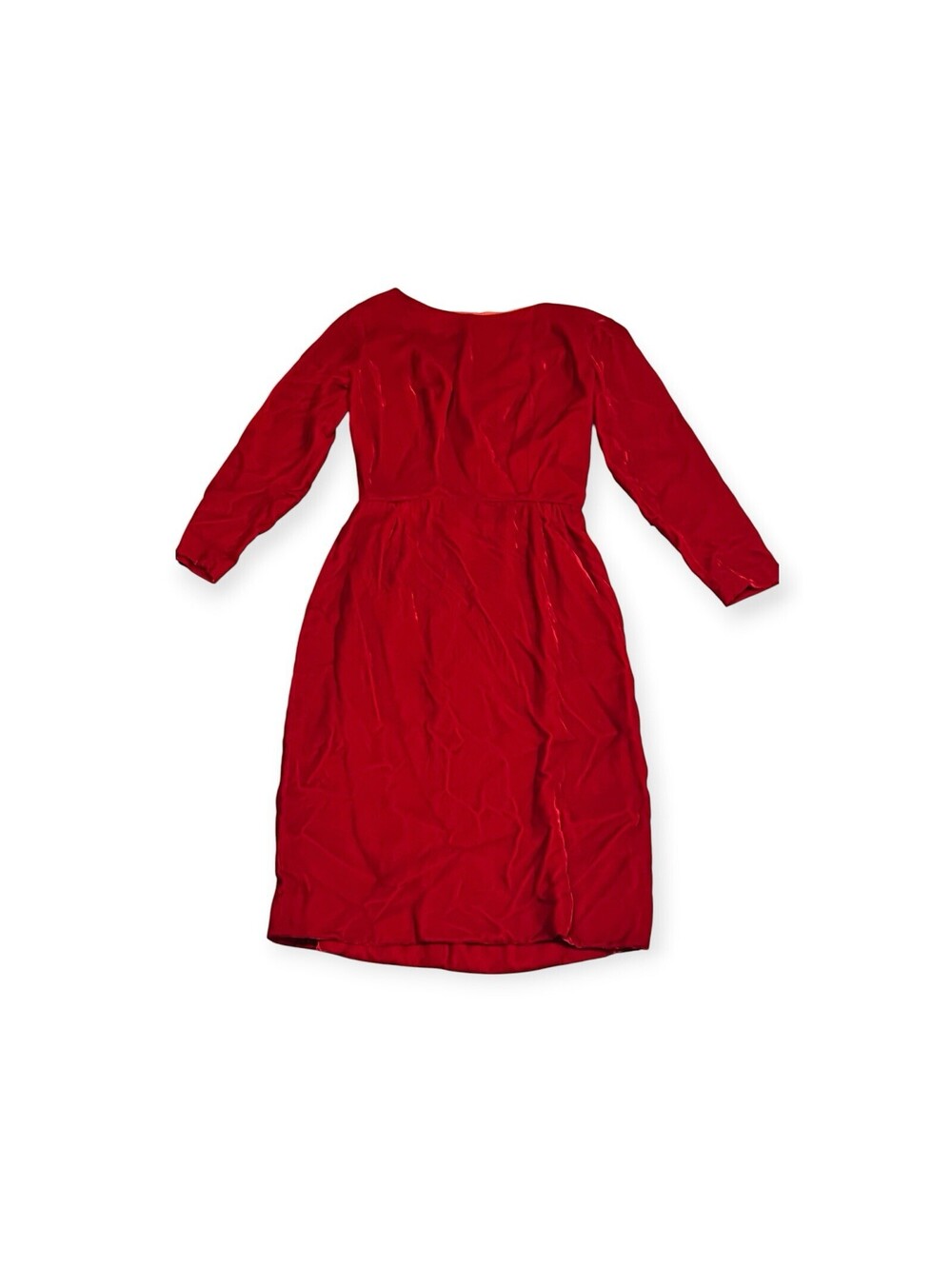 1950s Vintage Red Velvet Dress Long Sleeve V Back Cocktail Party Holiday Midi